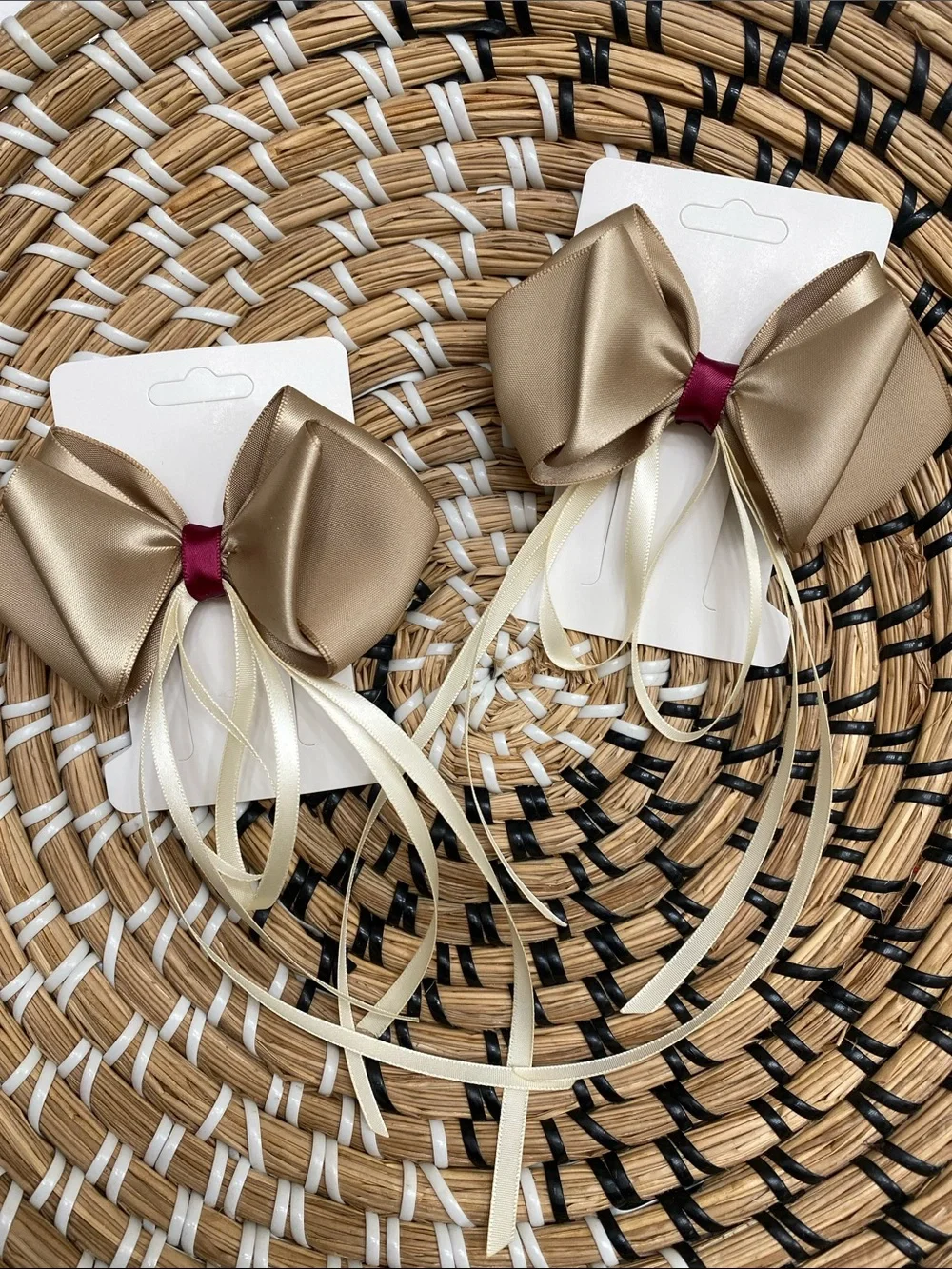 Satin Champagne Bow Hair Clips with Ivory Ribbon Tails
